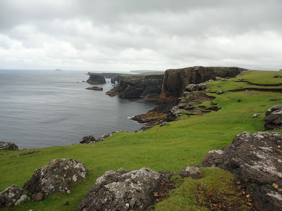 Shetland Islands, Eshaness, Laut, Pantai, pantai berbatu, england, awan, berbatu, lanskap, united kingdom