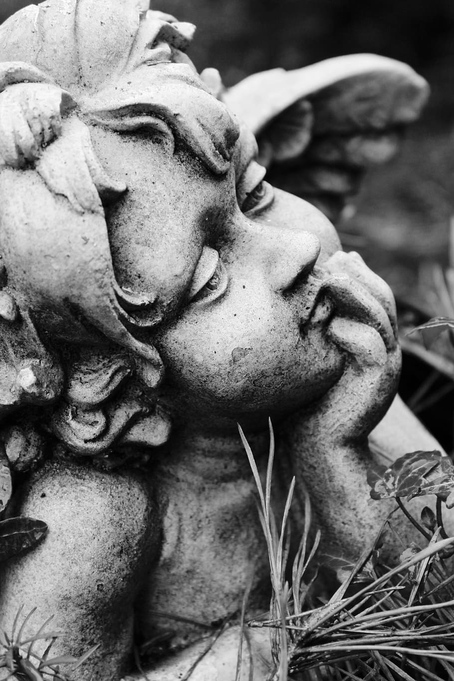 closeup, concrete, cherub statuette, angel, commemorate, needles, cemetery, memory, mourning, figure