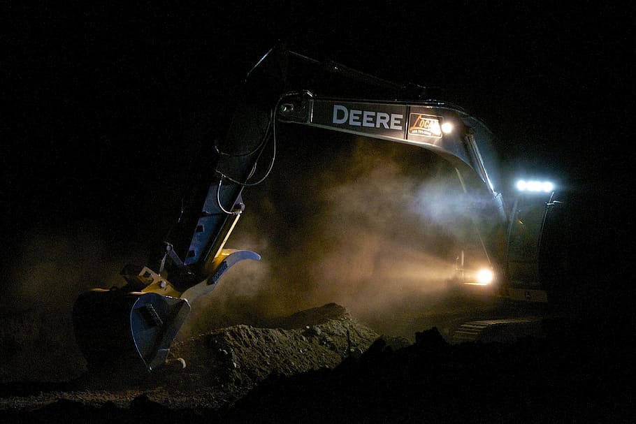 excavator, floodlights, eerie, construction, deere, digging, dirt, hydraulic, removal, shovel