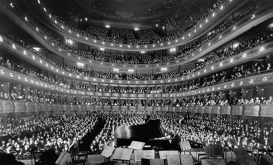 fotografi abu-abu, orkestra, opera, gedung opera, konser, gedung konser, 1937, new york, ny, nyc