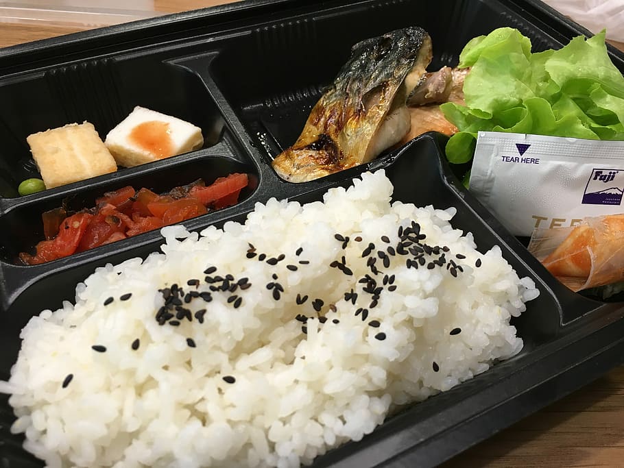 cooked, rice, seeds, meat, lettuce, inside, black, plastic container, Meal, Japanese, Food