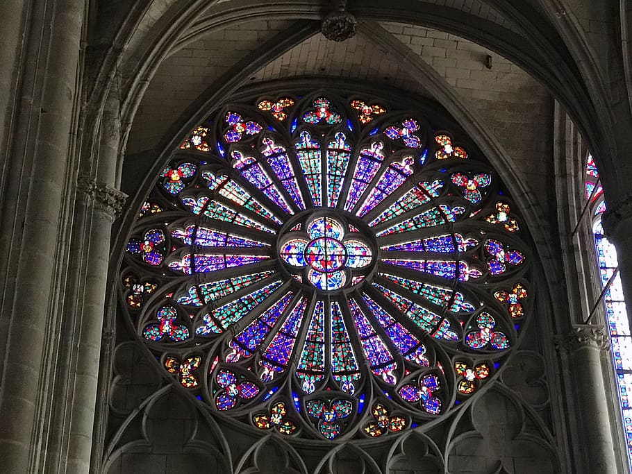 rosette, cathedral, light, france, architecture, stained glass, glass - material, place of worship, built structure, glass