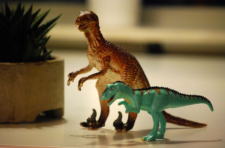 dangkal, fotografi fokus, dua, mainan dinosaurus, dinosaurus, mainan, t-rex, hewan, monster, jurassic