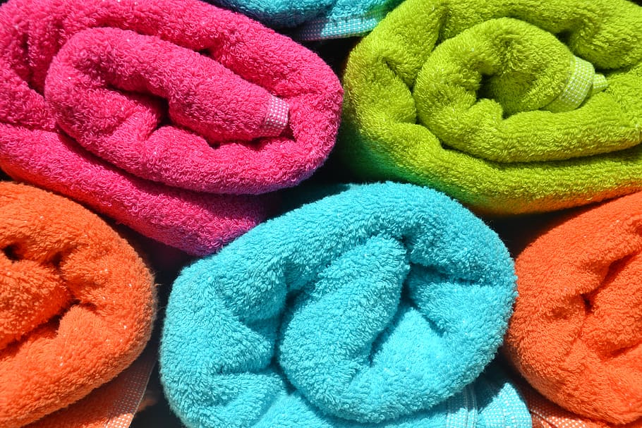 toalhas, colorido, enroladas, cor, terry, tecido de toalha, fofinho, toalha de banho, laranja, rosa