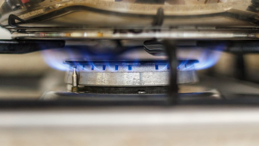gas, estufa de gas, llama, cocinar, llama de gas, caliente, quemar, placa calefactora, azul, calor
