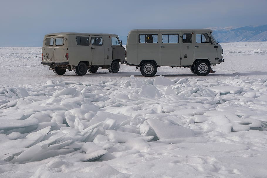 irkutsk, lake baikal, ice, winter, snow, transportation, land vehicle, cold temperature, mode of transportation, motor vehicle