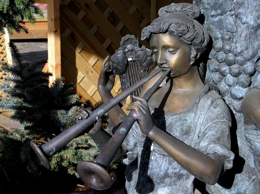 statue, bronze, music, instrument, female, sun, closeup, sculpture, monument, ornamental