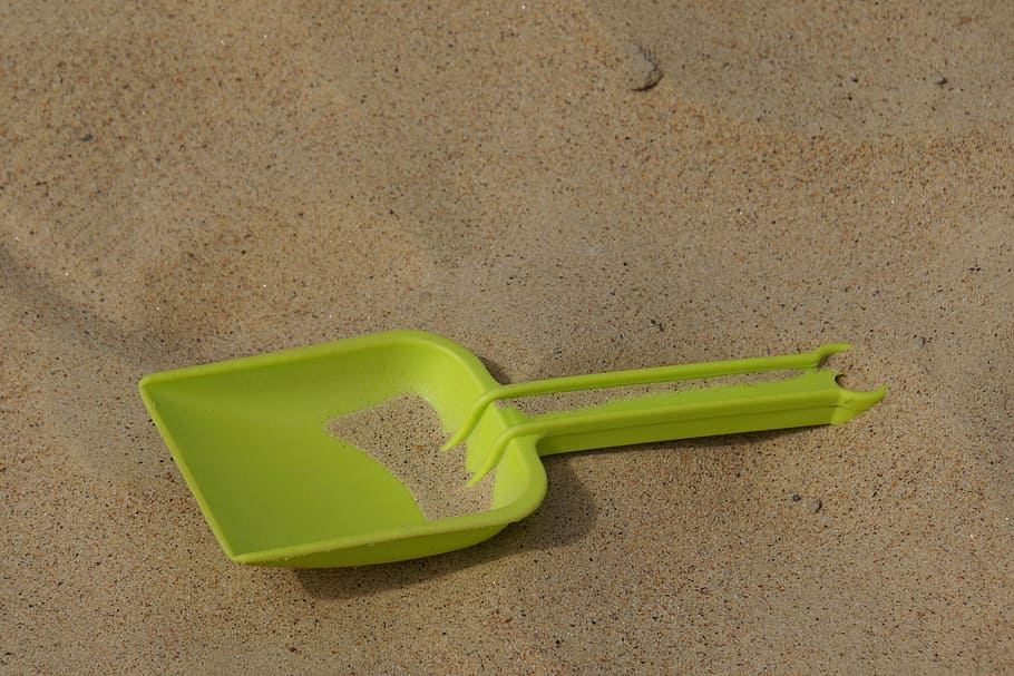 sand shovel, the playground, shovel, summer, high angle view, plastic, yellow, cleaning, land, hygiene