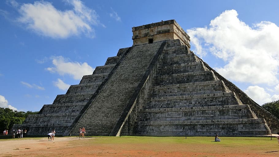 gray, concrete, temple, blue, sky, mexico, yucatan, chichen itza, civilization, maya