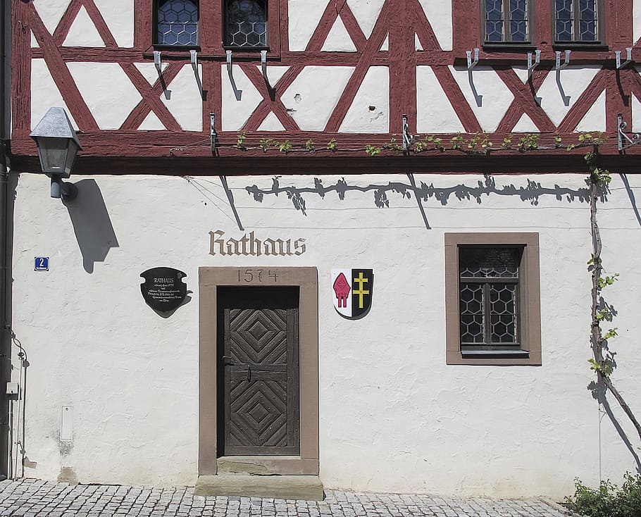 fachwerkhaus, sand-stone portal, town hall, portal, historically, old, sand stone, house entrance, entrance door, wooden door