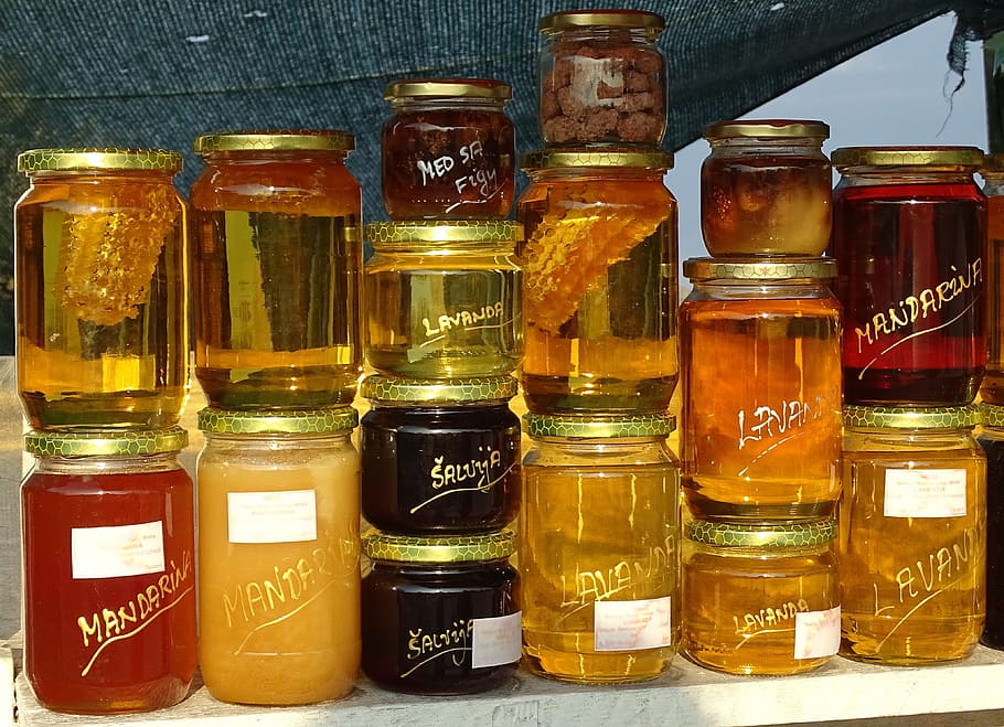 filled, assorted-color jar lot, honey, honey jar, glass, market, food, eat, sugar, sweeteners