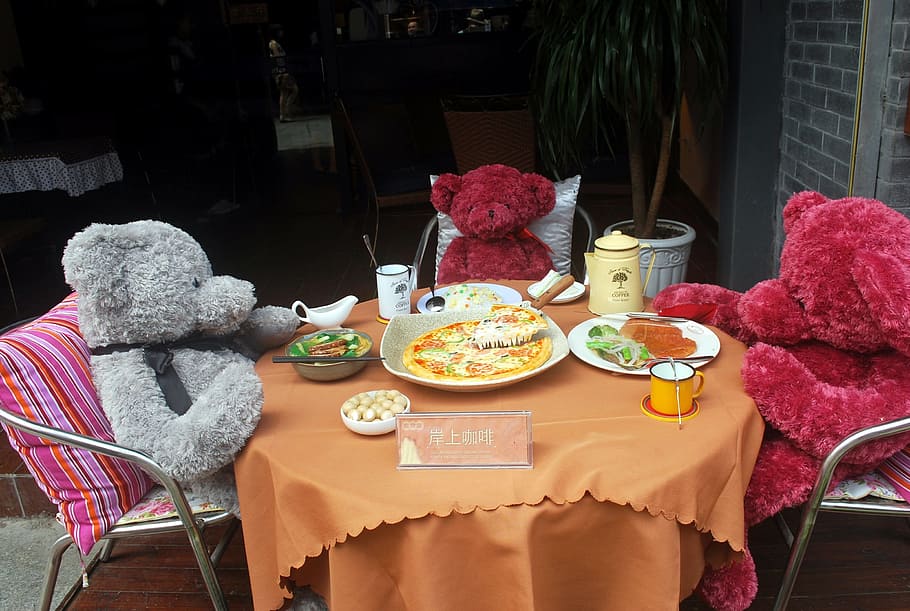 Bear, Stuffed, Animal, Dinning, teddy, stuffed, animal, restaurant, food and drink, food, table