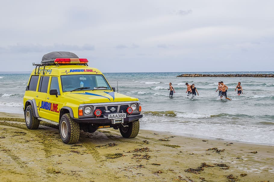 Ambulância, praia, emergência, resgate, carro, suv, segurança, salva-vidas, ajuda, 4x4
