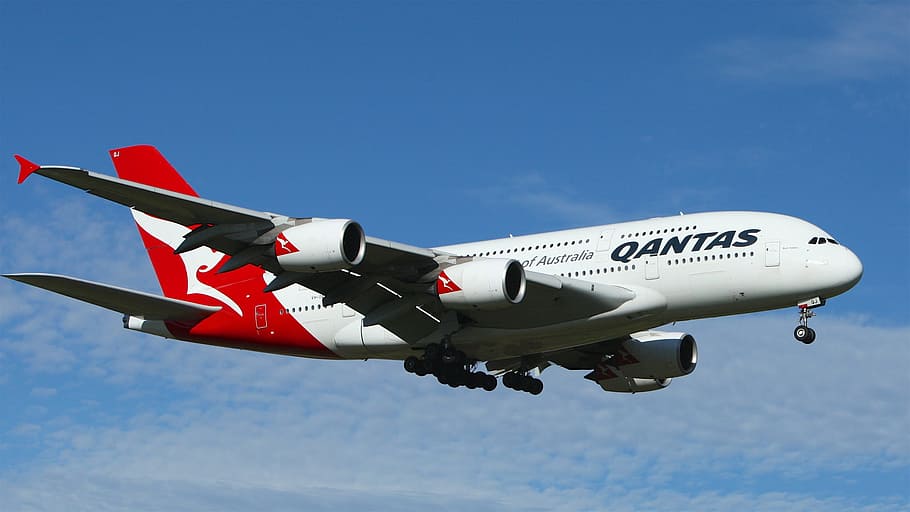 white, red, qantas airline, Aeroplane, Aircraft, Airplane, Aviation, flight, landing gears, qantas