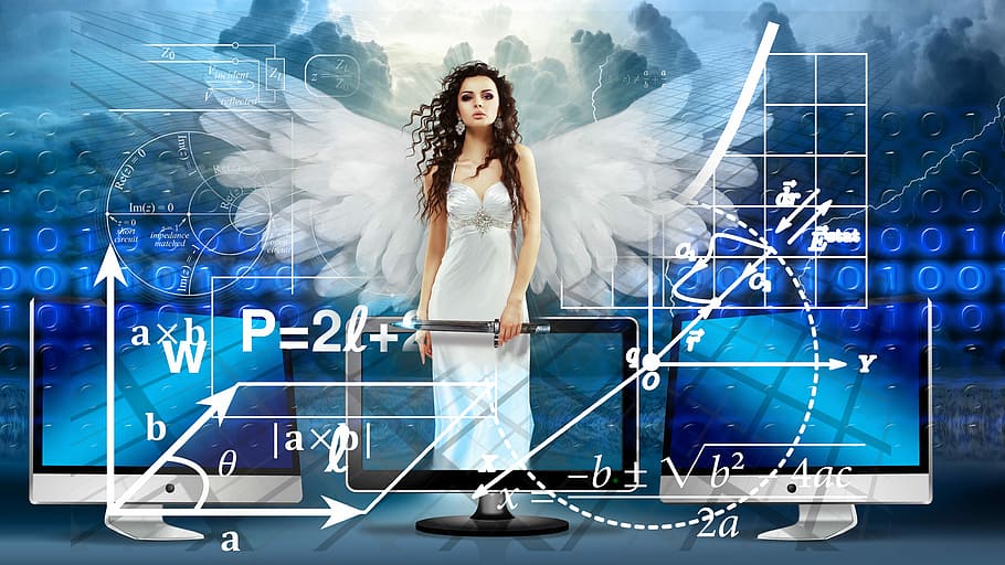 woman, white, sleeveless dress, spirituality, science, angel, monitor, binary, binary system, computer