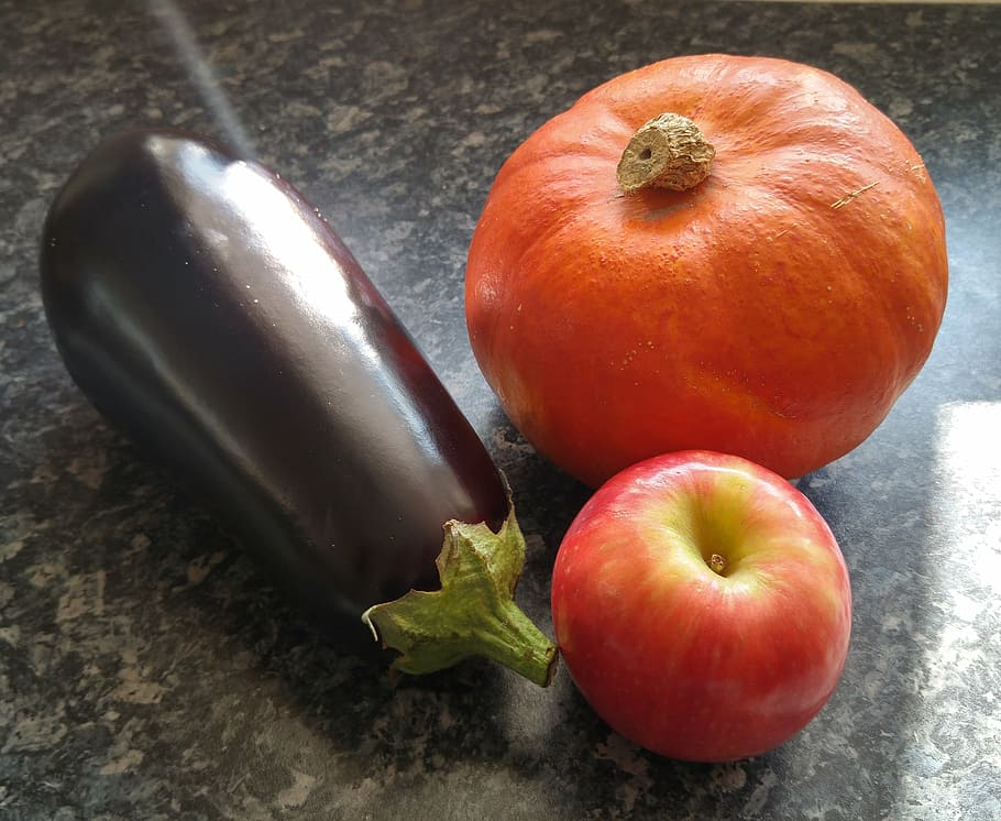 eggplant, pumpkin, apple, still life, vegetables, autumn, october, composition, decoration, food