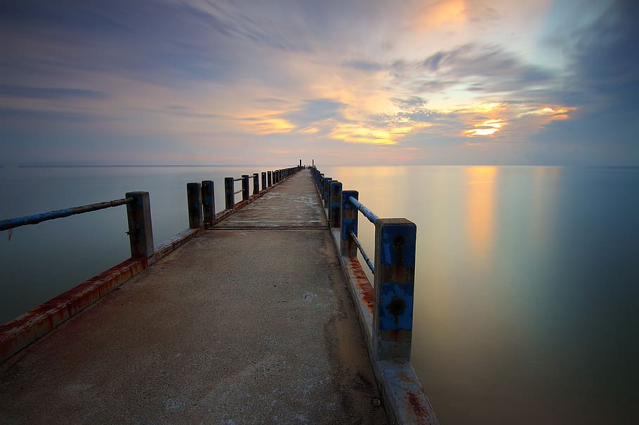 sea, ocean, water, horizon, blue, sky, cloud, sunset, pier, bridge