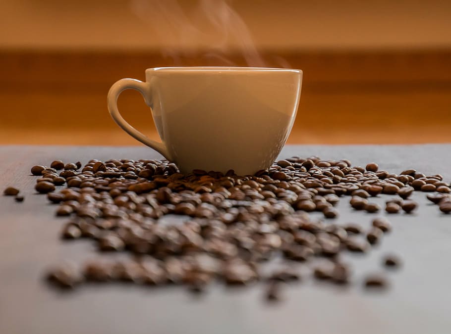branco, cerâmica, xícara de café, grãos de café, café, café quente, vapor, fumaça, xícara, preto