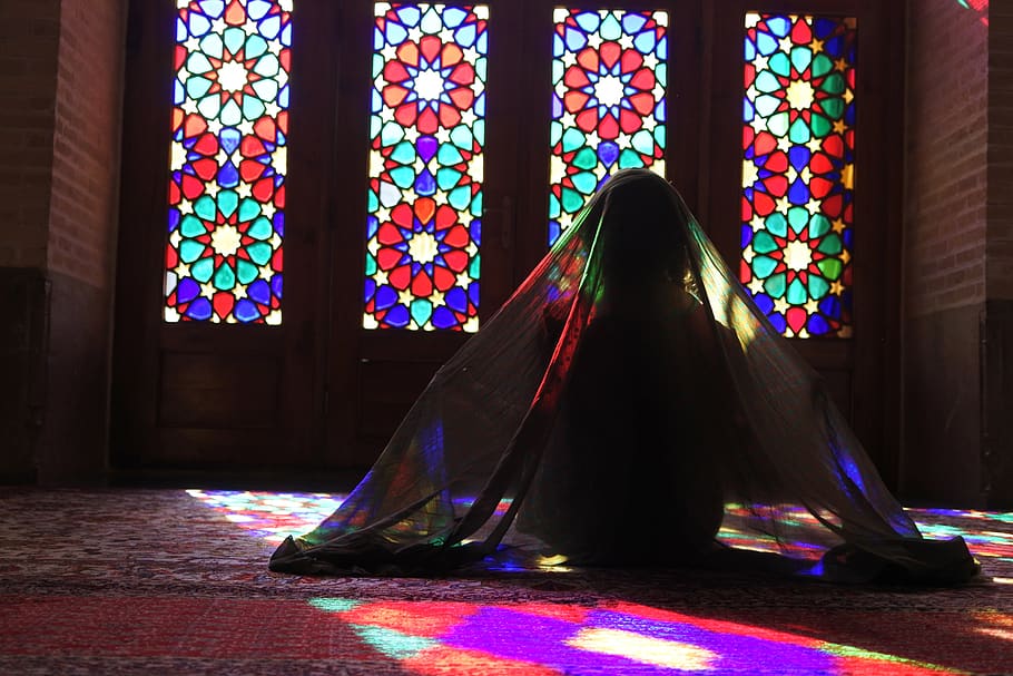 stained glass, veil, iran, mosque, reflections, nasir-ol-molk, multi colored, religion, built structure, indoors