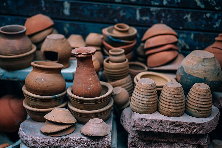 brown, clay pots, stone, abstract, ancient, antique, area, art, artisan, artistic