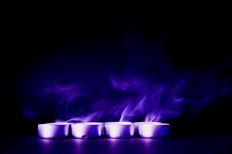 empat, ungu, lilin tealight, biru, asap, gelap, malam, cahaya, lilin, asap - struktur fisik