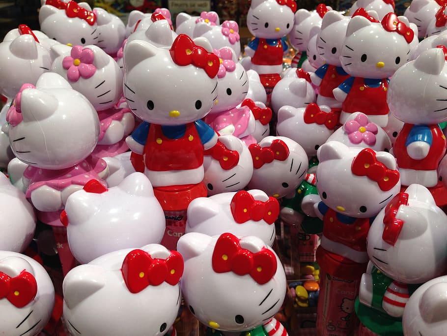 hello kitty, colorful, figure, color, large group of objects, red, full frame, animal representation, white color, representation