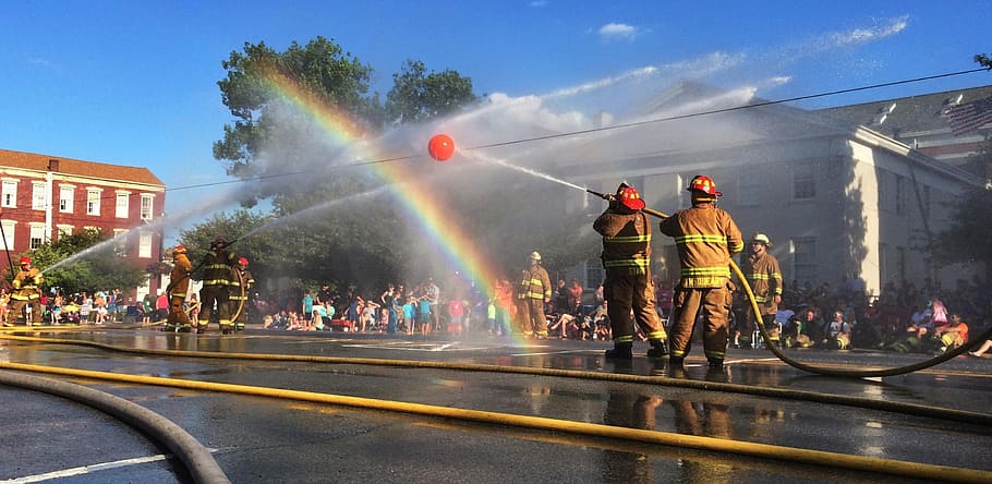 firefighters, rainbow, waterball, contest, madison, indiana, regatta, festival, small town, water
