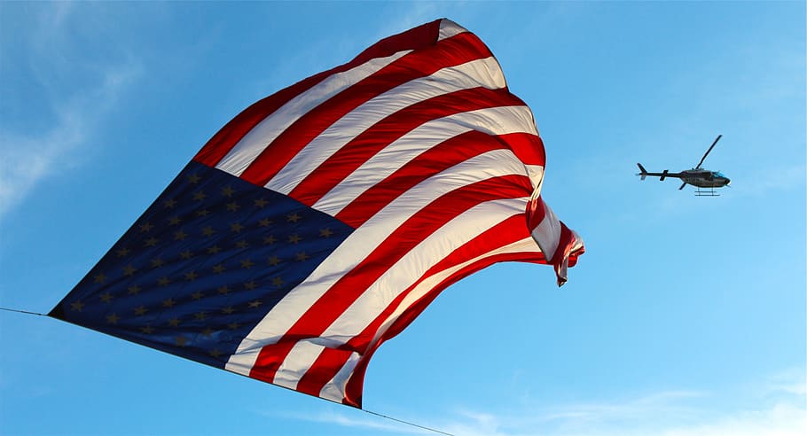 americana, bandeira, eua, estados unidos, helicóptero, ar, voando, azul, céu, voar