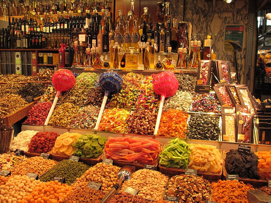 assorted vegetables, la boqueria, barcelona, market, la rambla, lollipop, candy, sweets, sugar, color