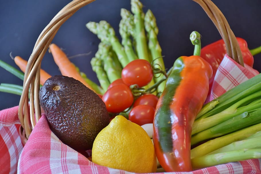 bunch, vegetables, fruits, basket, asparagus, tomatoes, leek, lemon, paprika, green asparagus