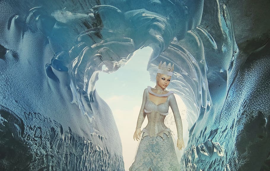 ice queen, inside, ice cave, day time, fantasy, snow, snow queen, cave, woman, cold