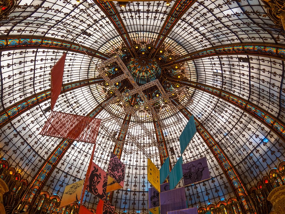 ceiling, galleries, lafayette, mall, glass, structure, architecture, vault, built structure, low angle view