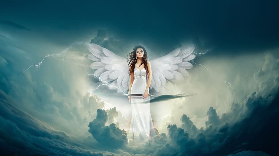 female angle painting, angel, clouds, fantasy, heaven, sky, angelic, spirit, light, paradise