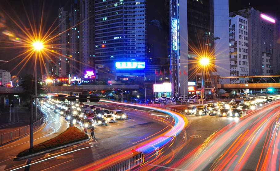 street lights, buildings, light, traffic, shenzhen, night, cars, crossing, illuminated, city