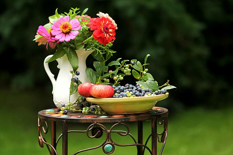 grape fruit, apple fruit, plate, summer impression, flowers, fruit, still life, garden, flower, nature