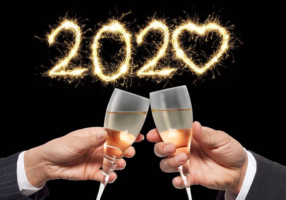 feliz, nuevo, año, 2020, celebración, celebrar, champaña, brindis, aclamaciones, negocios