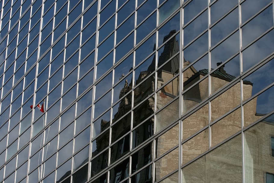 glass, building, city, wall, reflection, flag, tall, skyscraper, office, pattern