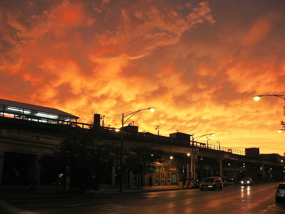 chicago, orange, sunset, storm, sky, urban, transit, evening, light, weather