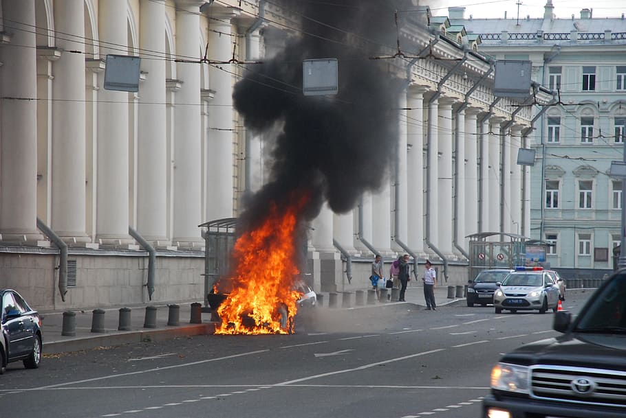 fire, moscow, police, manege, car, machine, flame, fire - natural phenomenon, burning, building exterior