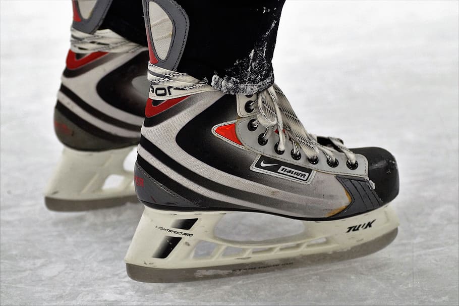 pair, black, hockey skates, skates, polar area, the blade, the ice rink, ice, knives, skating