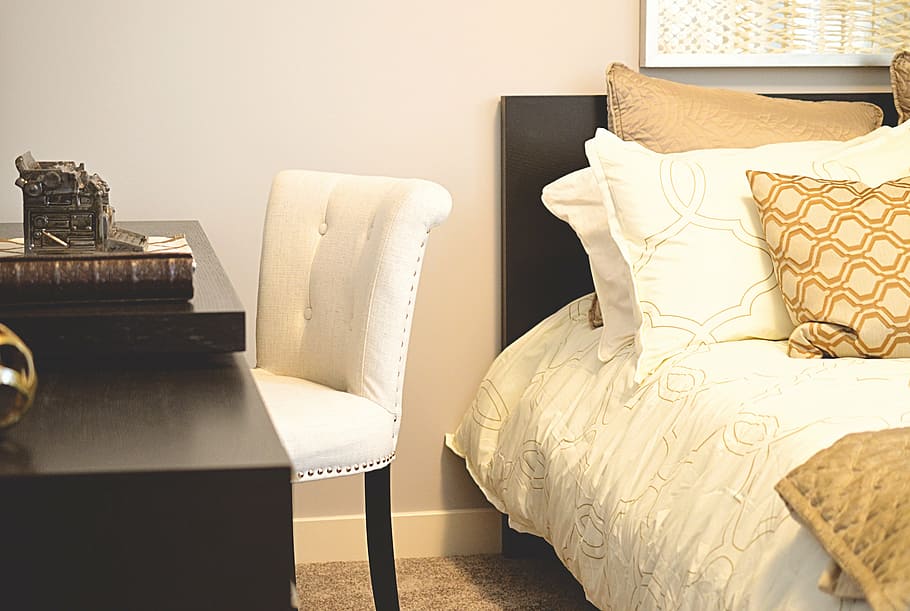 white, chair, black, wooden, frame, bed, desk, bedroom, pillows, furniture