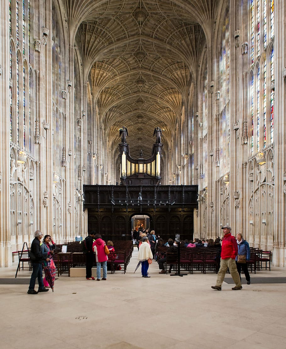 king's college chapel, cambridge, tourists, vaulted fan roof, stonework, architecture, historic, henry vi, group of people, arch