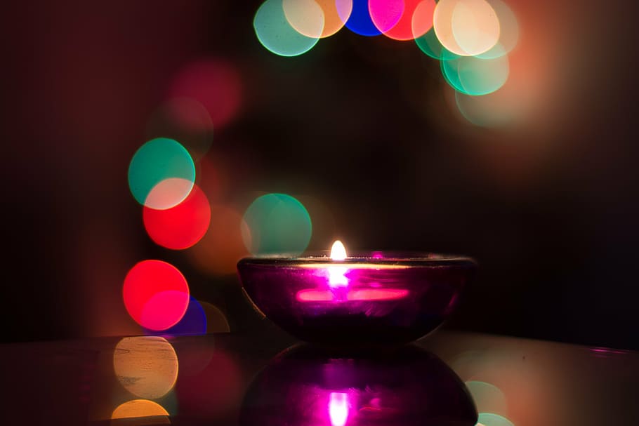 ラウンド, 紫, ガラスのボウル, クリスマス, キャンドル, ライト, 装飾, 12月, シーズン, お祝い