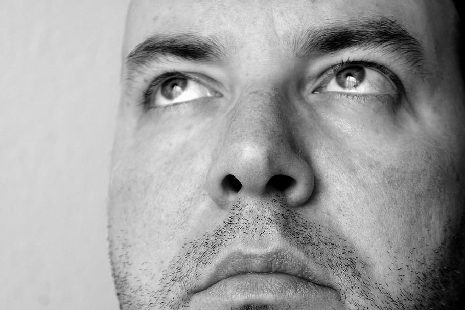 grayscale photography, man, face, thoughtful, 3-day-bart, bart, view, nose, portrait, spontaneous