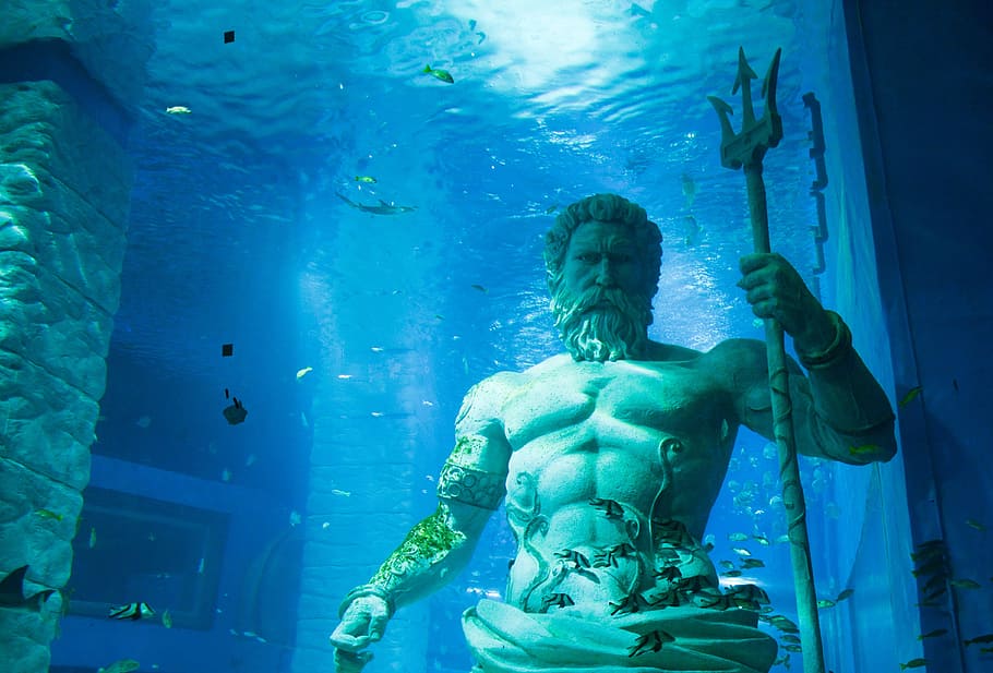 foto, poseidon estatua, poseidon, marino, el mar, mar profundo, mitología griega, pescado, azul, bajo el agua