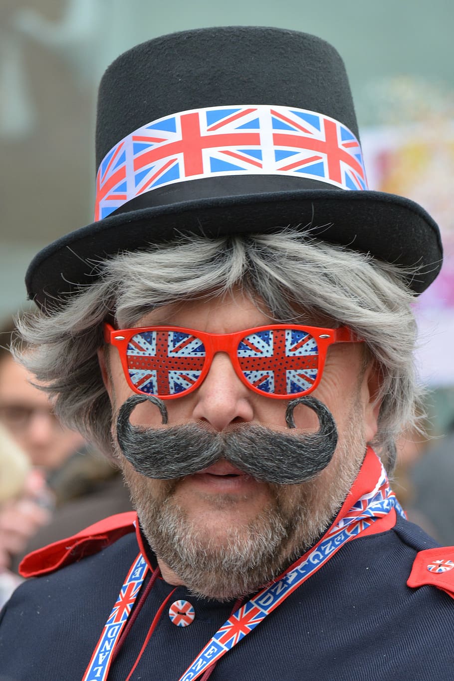 hombre, vistiendo, bandera del Reino Unido, parte superior, sombrero, gafas de sol, al aire libre, carnaval, gente, Reino Unido