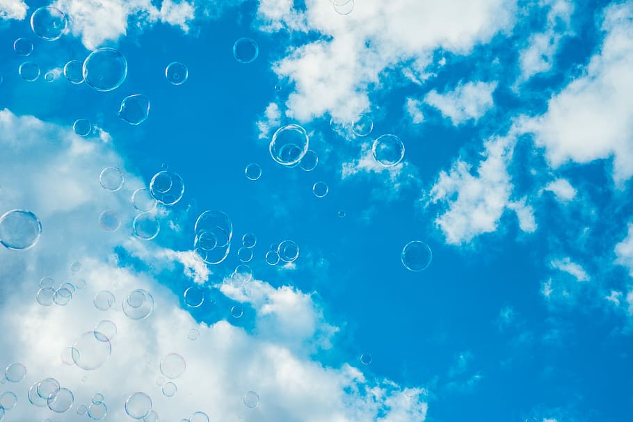 thousands, bright, blue, sky, Bubbles, Bright Blue, abstract, clouds, floating, fun
