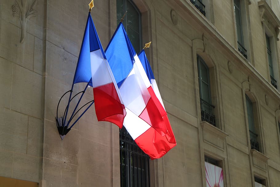 france, the national flag, banner, paris, built structure, building exterior, architecture, low angle view, flag, building