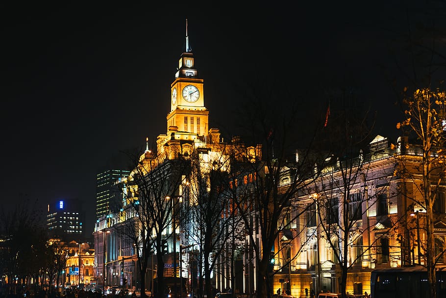 big ben, london, shanghai customs house, building, bell, china, night, architecture, building exterior, built structure, illuminated