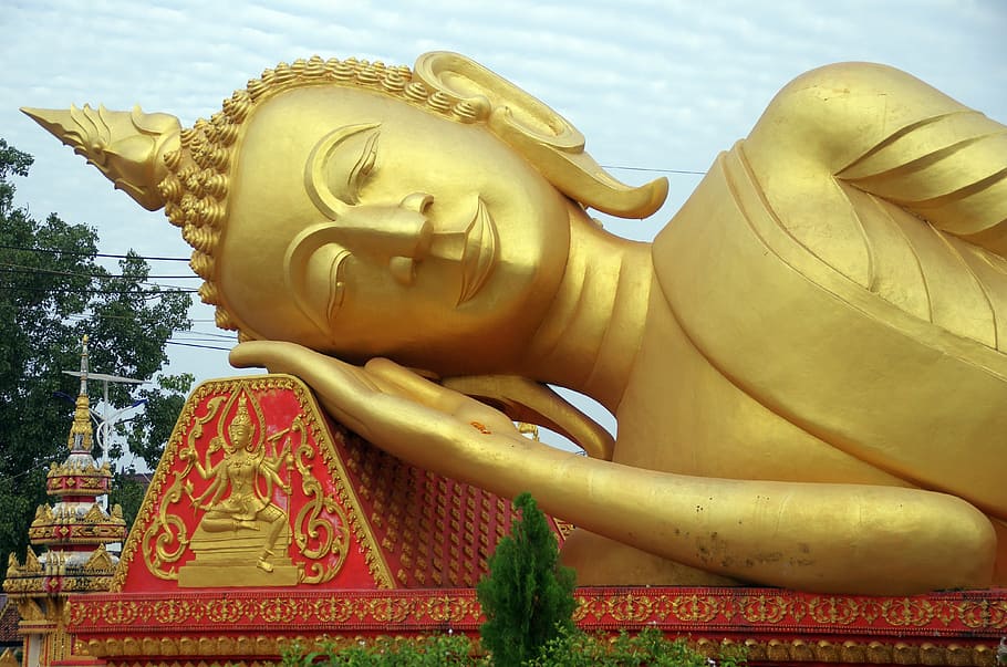 lying buddha statue, laos, vientiane, buddha, temple, religion, royal palace, religious art, sacred, buddhism